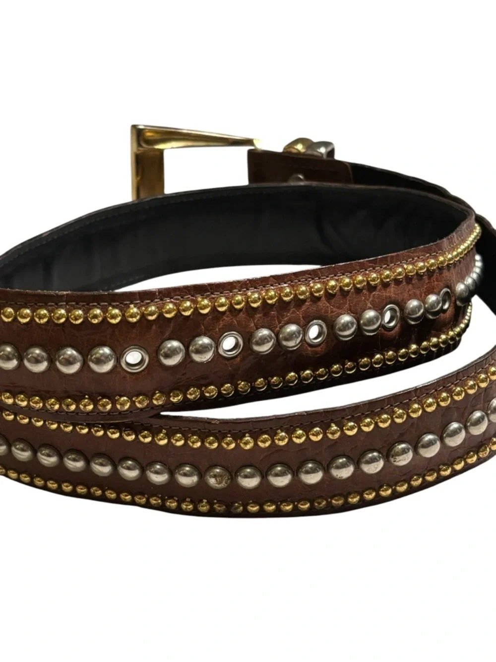 Vintage Sand Castle USA Studded Leather Western Belt Brown Gold Silver Rodeo